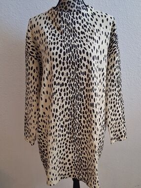 Emerson Fry Cream & Black Leapard 3/4-Sleeve Tunic Mini Linen Blend Dress. 10-12
